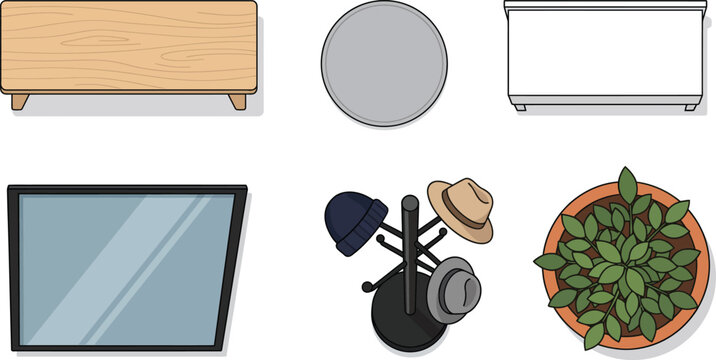 Furniture set collection featuring tables and interior decor objects viewed from a top down perspective