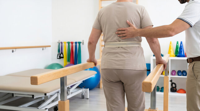 Supervised mobility practice between parallel bars in clinic