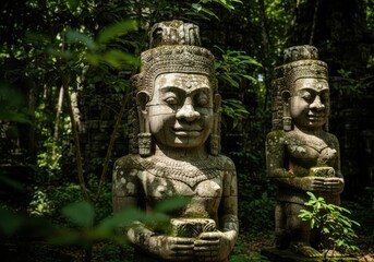 Fototapeta premium Ancient stone statues of khmer deities in the jungle of angkor wat, cambodia, weathered sculptures surrounded by lush tropical forest and mossy ruins