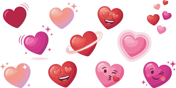 Cute pink and red heart emoji sticker set, romantic valentine elements, glowing hearts with funny face expressions for love concept, isolated vector illustration.