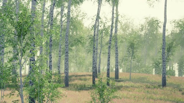 A thick forest shows tall trees with green leaves. The ground has grass and some bushes. Fog covers part of the scene making it hard to see far.