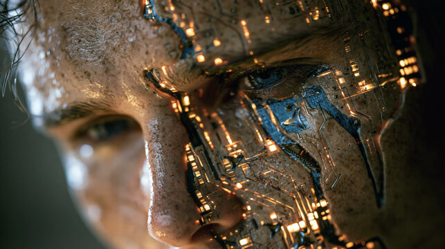Half-human half-android face split composition, realistic fusion of flesh and machine, glowing circuits beneath skin, conceptual artificial intelligence artwork