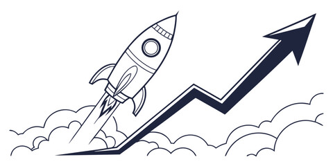 Business rocket ship takeoff with upward financial growth arrow line graph business marketing progress economic innovation corporate strategy © AE