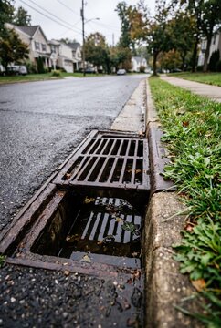 Storm drain grate along suburban street with grass and rainwater