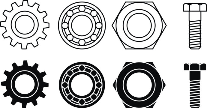 Mechanical Gear Bearing Nut and Bolt Icon Set with Outline and Solid Styles