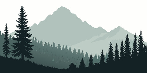 Detailed forest and mountain range silhouette vector illustration with mountain silhouette landscape evergreen background wilderness treeline © AE