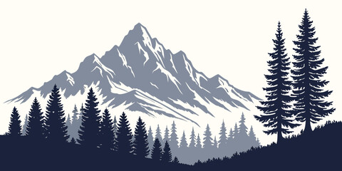 Stylized mountain peak and evergreen forest silhouette graphic with mountain silhouette landscape evergreen background wilderness illustration © AE