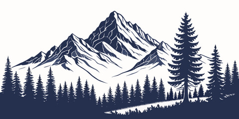 Dramatic mountain peaks and coniferous forest landscape silhouette with mountain silhouette landscape evergreen background wilderness treeline © AE