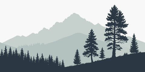 Minimalist mountain and forest silhouette landscape graphic with mountain landscape silhouette evergreen background minimalist wilderness © AE