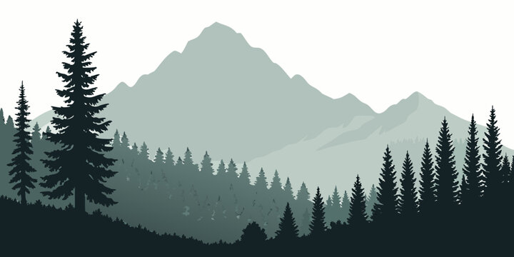 Detailed forest and mountain range silhouette vector illustration with mountain silhouette landscape evergreen background wilderness treeline
