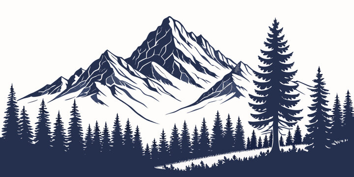 Dramatic mountain peaks and coniferous forest landscape silhouette with mountain silhouette landscape evergreen background wilderness treeline