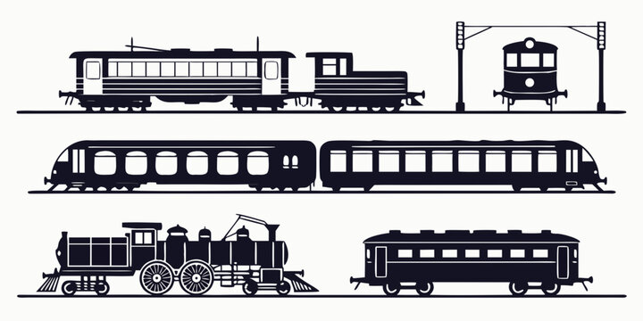 Set of black silhouettes of vintage and modern trains and rail passenger carriages with steam engine train car rail transport railway station