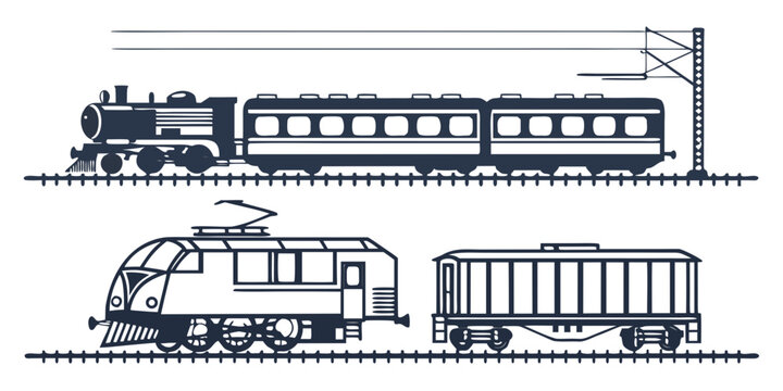 Collection of train silhouettes with locomotive and passenger freight carriages on rails train car rail transport railway tracks public transport
