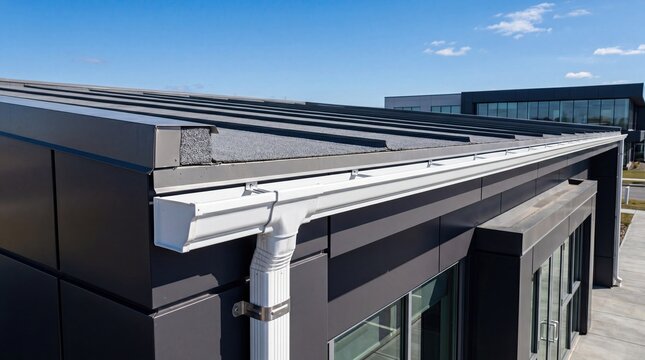 Modern commercial building roof with white gutters and blue sky