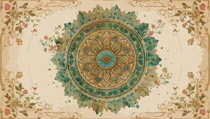 Intricate watercolor mandala design with ornate floral and scrollwork borders on a vintage-style background. © evans