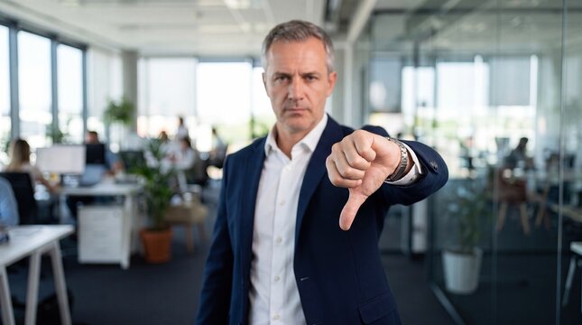 Businessman showing thumbs down gesture for negative feedback concept