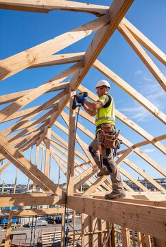 Construction worker installing wooden roof frame under blue sky