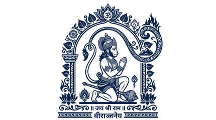 Obraz premium Hindu god hanuman kneeling in devotion with ornate traditional motifs