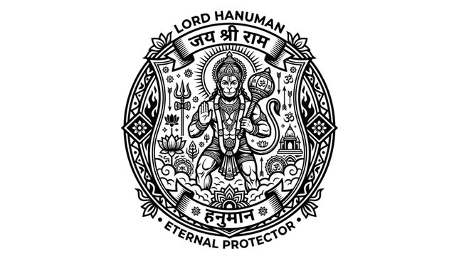 Lord hanuman hindu deity emblem with mace and sacred symbols