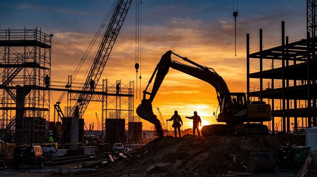 Construction workers and excavator at sunset building site silhouette