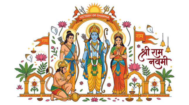 Lord rama with sita lakshmana and hanuman for ram navami festival
