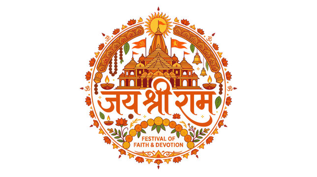 Hindu temple emblem with jai shree ram calligraphy and floral frame
