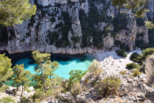 Beach and Bay with Crystal Clear French Riviera Waters at Calanque d&rsquo;En-Vau During Summer in France