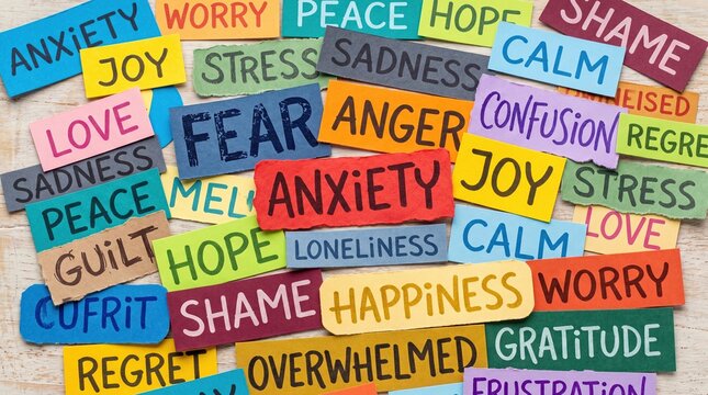 Emotional words collage anxiety fear anger chaos mental health concept