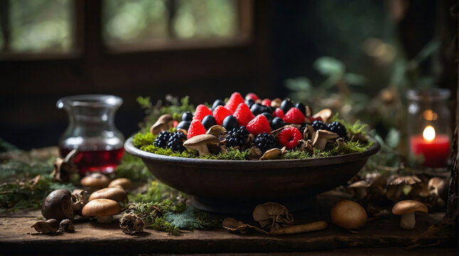 Rustic woodland feast featuring wild berries, mushrooms, and natural forest ingredients in a dark moody setting