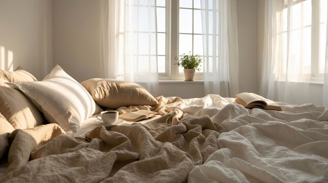Cozy hygge bedroom bathed in warm morning light, featuring soft linen bedding and an open book by the window. Concept of hygge lifestyle,