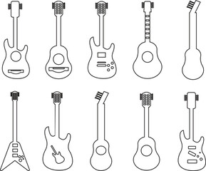 Naklejka premium A stylish collection of guitar icons in solid black vector style. Features acoustic guitars, electric guitars, bass guitars, guitar picks, and musical symbols. Perfect for music apps, bands, concerts,
