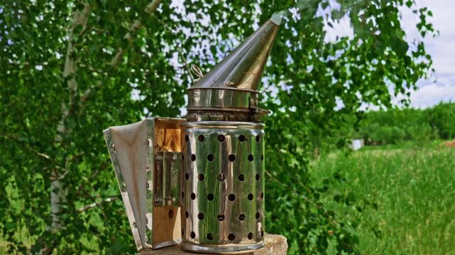 Bee Smoker Resting on Stone Post with Birch Tree Background &mdash; Beekeeping Equipment Video