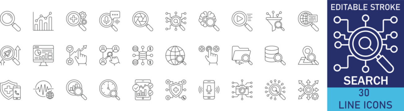 Search icon set. Minimalistic linear icons representing magnifying glass, web research, optimization, data discovery, and navigation interface tools.