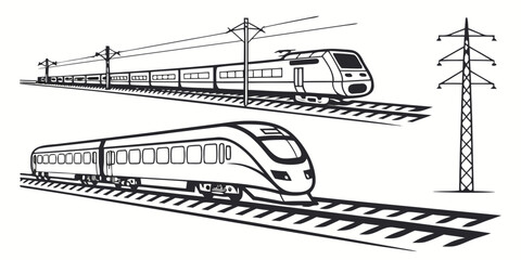 Modern passenger trains on railway tracks with power lines silhouette high speed railroad transport locomotive electric silhouette commuter © Mamun