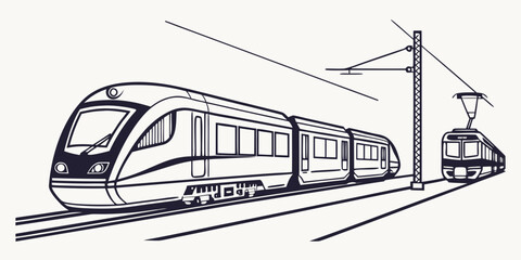 Modern commuter trains arriving at platform with power infrastructure high speed railroad transport locomotive platform commuter silhouette © Mamun