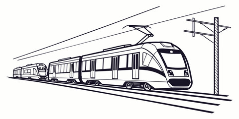 Electric passenger train with pantograph on tracks silhouette graphic high speed electric transport locomotive railroad pantograph commuter © Mamun