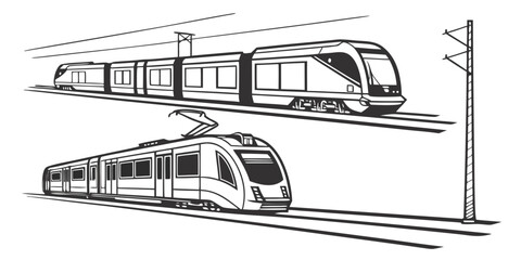 Electric commuter trains on tracks with power transmission tower high speed railroad transport locomotive electric transmission silhouette © Mamun