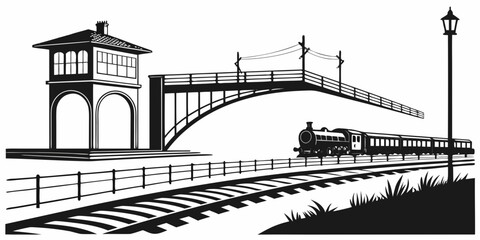 Vintage steam train passing old railway station with bridge locomotive railroad transport architecture silhouette building passenger carriage © Mamun