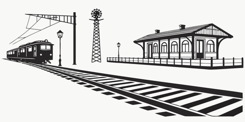 Minimalist graphic of a train station platform with electric train on tracks and industrial wind turbine and signals platform electric transport © Mamun