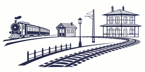 Vintage style steam train at a railway station with platform building and signal lamp in vector black and white graphic locomotive platform © Mamun