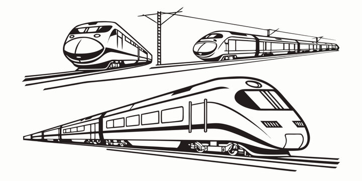 Collection of modern aerodynamic passenger trains on rails with electrical lines high speed transport aerodynamic electric locomotive technology