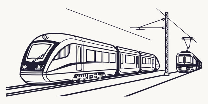 Modern commuter trains arriving at platform with power infrastructure high speed railroad transport locomotive platform commuter silhouette