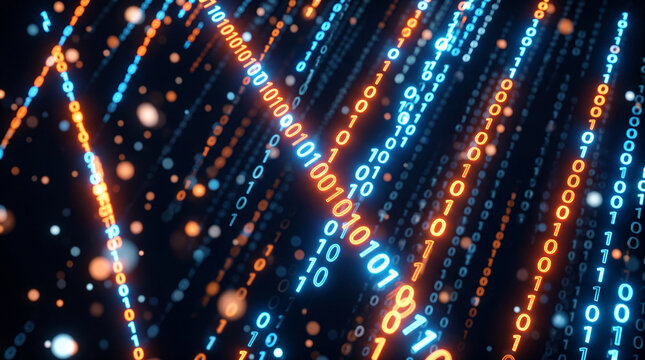 Falling orange and blue binary code streams with glowing light particles