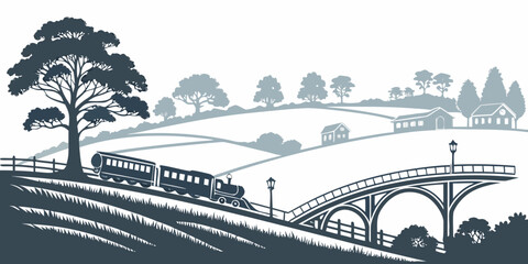 Vintage steam train crossing rural countryside bridge vector illustration with steam engine rural landscape countryside locomotive © Mamun