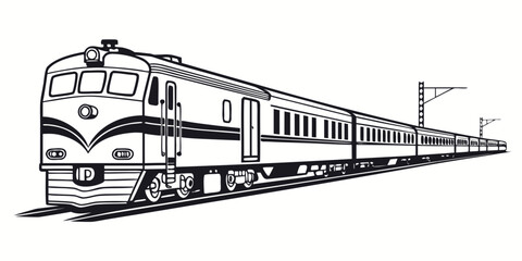 Long passenger train and overhead railway infrastructure illustration with mass transit passenger transport railroad locomotive commuter © Mamun