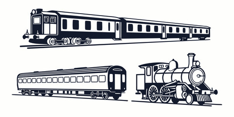 Classic steam and passenger train collection vector graphic with old fashioned steam engine steam powered locomotive engine locomotive passenger © Mamun
