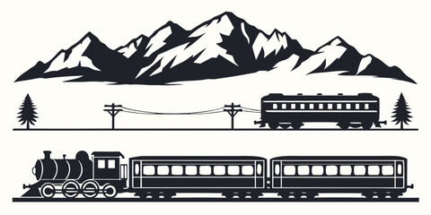 Steam locomotive train riding through mountain landscape with locomotive mountain landscape transport silhouette traveling adventure carriage © Mamun