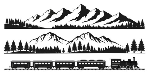 Set of steam train and mountain landscape silhouette illustrations with mountain silhouette landscape railroad locomotive transportation © Mamun