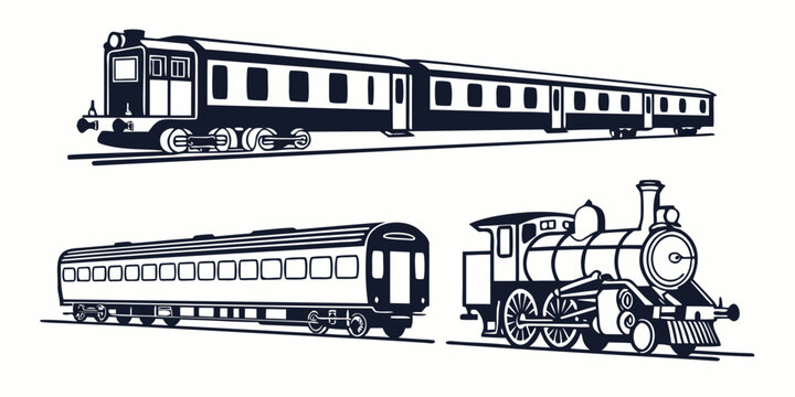 Classic steam and passenger train collection vector graphic with old fashioned steam engine steam powered locomotive engine locomotive passenger