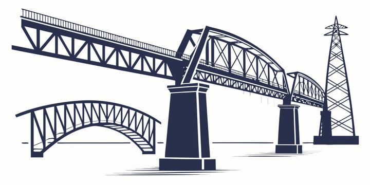 Industrial steel bridge and power line tower collection with electricity infrastructure silhouette architecture construction industrial building